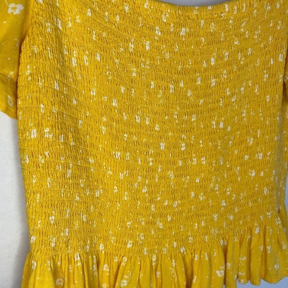 Elodie Smocked Yellow White Floral Stretch Ruffle Peasant Crop Top, Size Large - Picture 2 of 8